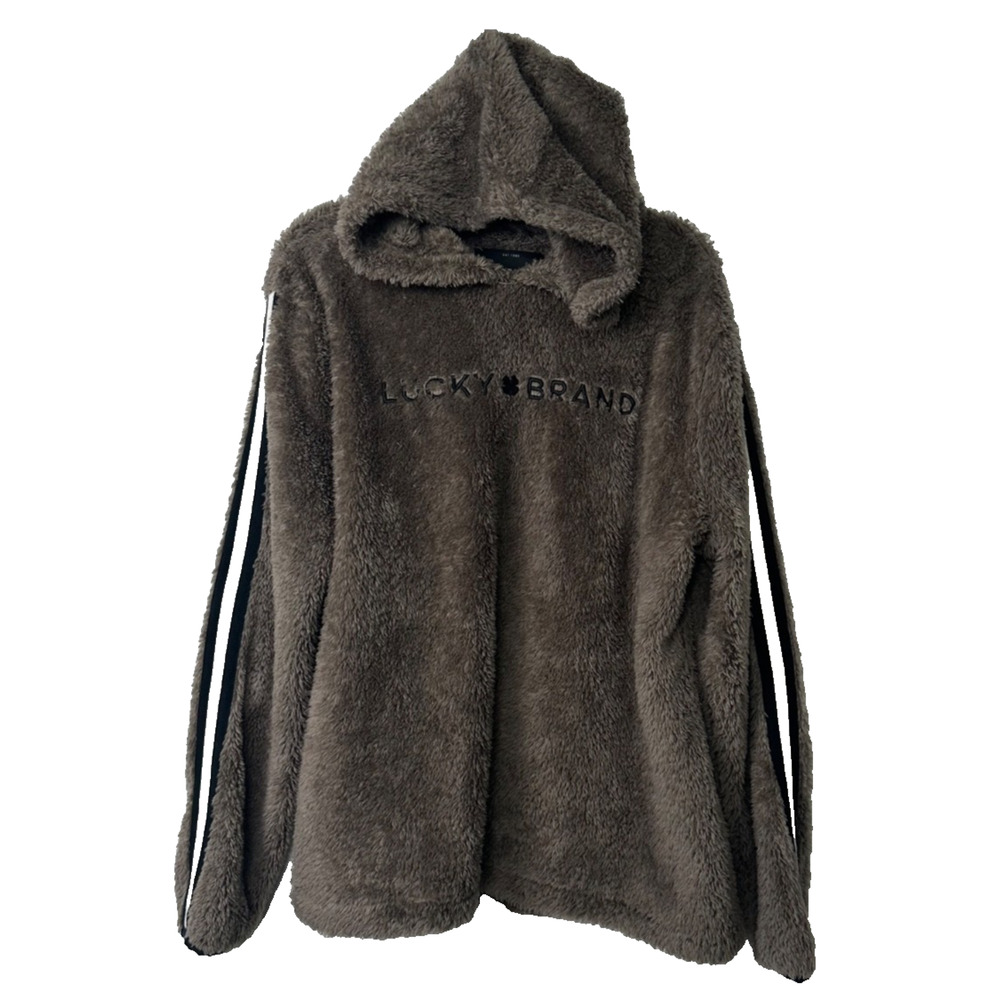 Lucky Brand Fluffy Faux Fur Brown Fuzzy Hooded Pullover Hoodie Women’s M Stripe